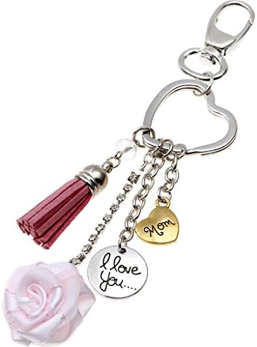ISHOW Two Tone "I Love You Mum" Two-Piece Pendant Leather Tassels Rose Family Love Heart Keychain Mom