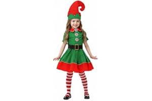Genérico Disfraz de Elfo de Navidad para Niña Traje Navideño Infantil Vestido de Duende Verde y Rojo con Cinturón Gorro y Medias Ropa de Fiesta Escolar y Espectáculos de Navidad