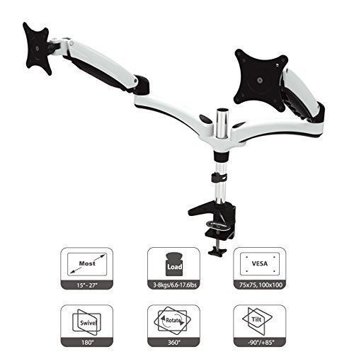 HFTEKDS124D White Double 2 Monitor desk mount stand holder bracket for dual screen monitor 15" to 27" inches with VESA 75/100