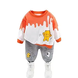 Bold N Elegant Full Sleeve Color Spill Teddy Bear Cartoon Print Cotton Tshirt and Jogger Pant Set for Infant Toddler Kids (Orange, 1-2 Years)