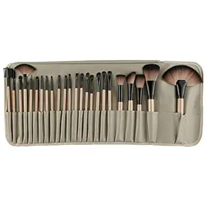 ROZIA 24pcs Makeup Brush Set, 24 Professional Makeup Brushes Kit Wooden Handle with Leather Pouch, Camel Brown