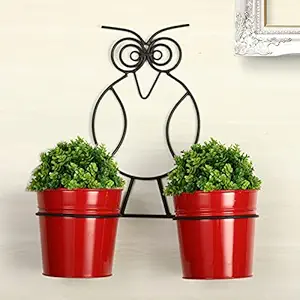 Homspurts The Owl Buckets Metal Wall Planters Pot for Indoor Plants with Holder (Set of 2, Galvanized Iron) - Wall Mounted Planters with Stand Plant Containers Balcony Decoration Garden D