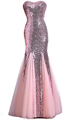 Women's Sweetheart Formal Tulle Sequined Mermaid Long Evening Dress, Rose Gold, 10
