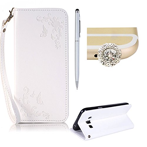 SKYXD für Samsung Galaxy J3 2016 Hülle Leder Rosen Blumen und Schmetterlings Muster,PU Folio Klappbar SchutzHülle [Brieftasche Kartenfach / Magnet / Standfunktion / Trageschlaufe] KlappHülle für mit [Krone Handyanhänger + Eingabestift] 3 in 1 Zubehör Set Handy Tasche Etui für Samsung Galaxy J3 2016 J320F J3 Duos Bookstyle Flip Case Leather Cover With [Stylus and Dust Plug]- Weiß