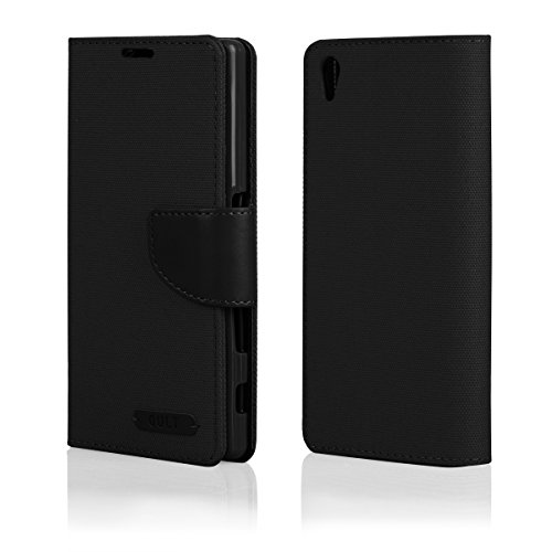 EGO® Bookstyle Handy Tasche mit praktischer Aufstellfuntkion für Sony Xperia Z5 Schwarz Flip Case Magnetverschluss Book Cover mit Kartenfach Wallet Stand Schutz Hülle Canvas - 4
