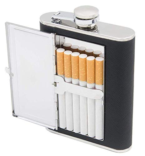 SNDIA Stainless Steel Pocket Hip Flask with Built in Cigarette Case(Black, Medium)