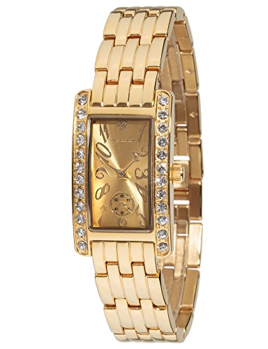 Yves Camani Damen-Armbanduhr Amance II mit vergoldetem Edelstahl-Gehäuse und Zifferblatt. Elegante Quarz Damen-Uhr mit steinbesetzer Lünette und vergoldetem vollmassivem Edelstahl-Armband.