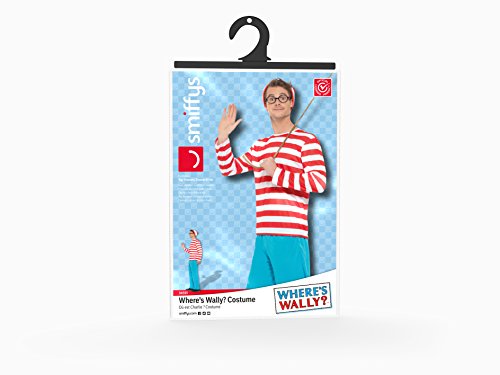 Smiffys Men's Where's Wally? Costume, Top, Trousers, Glasses & Hat, Colour: Red and White, Size: M, 34591