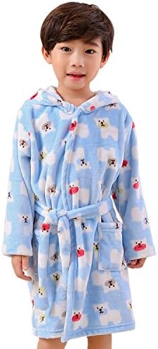 Children's Flannel Dressing Gown 110 – 130 cm for Boys and Girls Fleece Dressing Gown with Hood and Belt bear cow 120CM blue