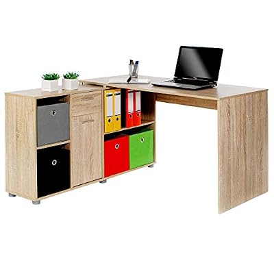IDIMEX Bureau d'angle CARMEN table pivotante avec meuble de rangement 6 étagères et 1 tiroir, décor chêne sonoma