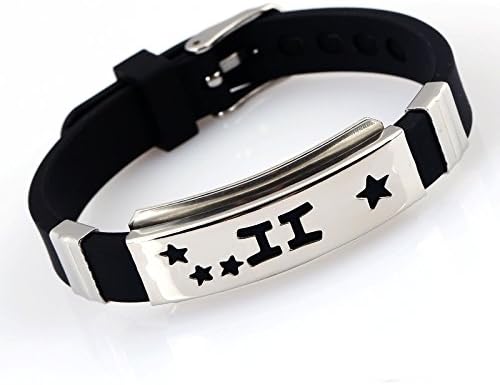 NovaLuna Retro Silver Zodiac Star Sign Black Silicone Bracelet with Belt Buckle – Star Sign Pendant Titanium Unisex Zodiac Horoscope Accessory Accessories Silber-zwilling
