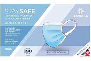BlazingStar - Made in UK - 3 Ply Surgical Face Mask - Type IIR/Type 2R - Box of 50 Individually Sealed - Comfort Fit Ear Loops - EN14683:2019 Certified - Over 99% BFE - Single Use - Fluid Resistant