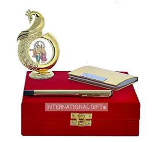 International Gift Golden Blue Pen with Business Card Holder and Golden Peacock Shape Radha Krishna God Idol Car Dashboard and Home Temple