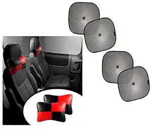 AUTO CAR WINNER Black-Red Neck Rest & Foldable Black Sun Shades(Set of 4) Combo