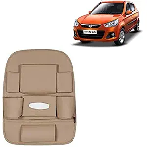RD Universal PU Leather Car Auto Seat Back Organizer Multi Pocket Travel Storage Bag with Hangers, Tissue Paper and Bottle Holder-Beige Colour Compatible for Maruti Suzuki Alto K10