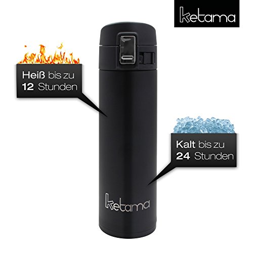SCHWARZE MINI THERMOSFLASCHE mit SCHNAPPVERSCHLUSS | doppelwandig 0,5 Liter (500ml) – EDELSTAHL schwarz, klein, handliche THERMOS-KANNE | THERMO-BECHER | TRINK-FLASCHE auch f BABYs & KINDER | BPA frei - 2