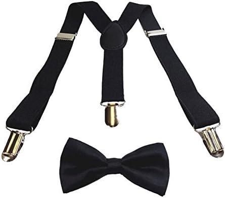 Antique Future Kids BLACK Tuxedo Bow Tie And Supenders Set - PreTied Bow Tie With Adjustable Children Suspenders