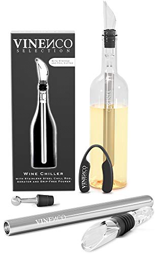 Enfriador de vino + cortador de cápsulas & funda de transporte - 3 in 1: Juego de refrigeración de acero inoxidable con tapón-decantador, stopper & varilla cepillado + aireador | Antigoteo y durable