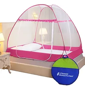 Classic Mosquito Net Premium Polyester Foldable, Double Bed King Size(L200cm X W200cm X H145cm) Strong 30GSM, PVC Coated Steel - Pink