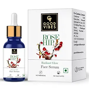 Good Vibes Rose Hip Radiant Glow Face Serum, 10 ml Light Weight Non Greasy Moisturizing Anti Ageing Formula For All Skin Types, Corrects Dark Spots, Natural, No Parabens & Sulphates, No Animal Testing