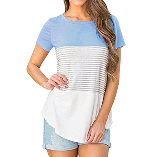 Preisvergleich Produktbild Moonuy,Damen Sommerbluse, 2018 Damen Kurzarmbluse, Dreifarbiges Blockstreifen T-Shirt Lässige Baumwollmode O-Ausschnitt Sweatshirt Farbklecksshirt (Blau, EU 38 / Asien L)