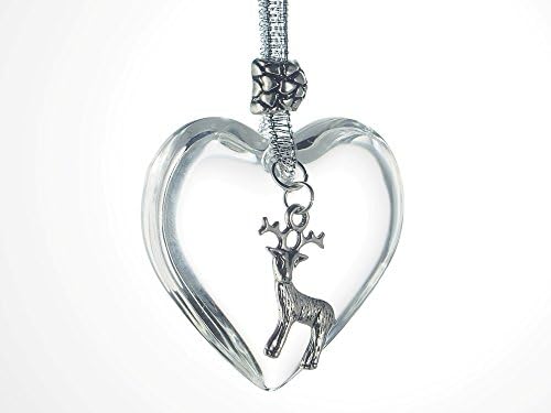 Glass Heart Christmas Tree Decoration, Reindeer Charm