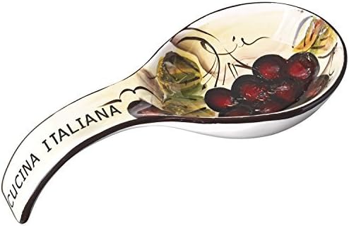 Original Cucina Italiana Ceramic Deep Spoon Rest, 9 Soft White, Cherry Design by 5th Ave Store