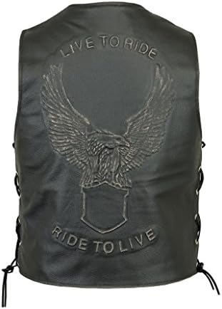 Biker Real Leather Waistcoat Eagle Embossed Side Laces Motorcycle Mens Vest (XL)