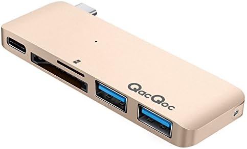 GN21B Type-C Hub with Power Delivery 2 superspeed USB 3.0 ports, 1 SD memory port, 1 microSD memory port card reader for MacBook 12-Inch, MacBook Pro, Google Chromebook, Aluminum Alloy Build (Glod)