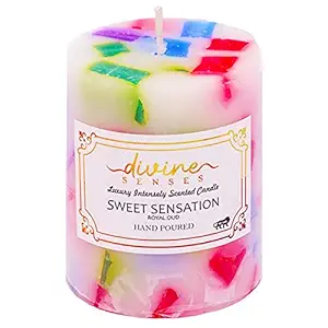 Divine Senses Sandalwood and Oud Fragrance Chunk Candle for Home Decor | Intensely Fragranced Pillar Candle | 25 Hours Burning Time | Hand Poured Pure Wax Candles