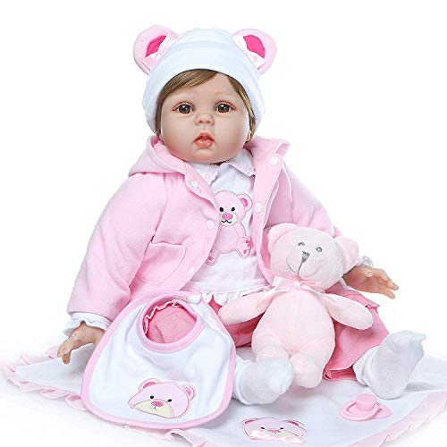 ZIYIUI 22 "Reborn Baby Dolls Realista Realista Recién Nacido Vinilo de Silicona Reborn Baby Hecho a Mano Ojos Abiertos Baby Doll Imán Chupete Bebé (Oso Rosa)