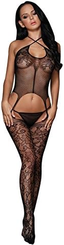 hotgreenpepper Women's Sexy Black Lace Sheer Hollow Cut Out Fishnet Body Stocking (One-size 8-12 UK)