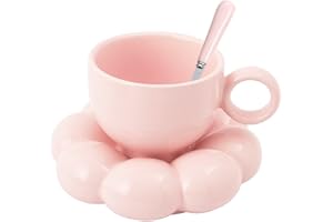 BigNoseDeer Ceramiczny kubek do kawy, uroczy kubek ze słonecznikiem podstawką, kubek do herbaty z podstawką, kubek kawaii dla kobiet, do biura i domu 200 ml estetyczny kubek do kawy mleko