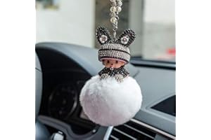 SYSUII Bling Strass Rückspiegel Ornament - Süße Puppe Plüsch Ball Auto Hängende Anhänger - Niedlich Spiegel Dekoration Geschenke für Frauen Männer - Weiß