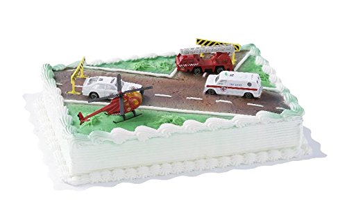 Cake Company Torten-Figur Rettungsfahrzeuge | Torten-Deko Set mit 3 Fahrzeugen, 1 Hubschrauber & Absperrbaken aus Kunststoff | Kuchen-Deko für Kinder-Geburtstag & Motiv-Torten | Torten-Verzierung