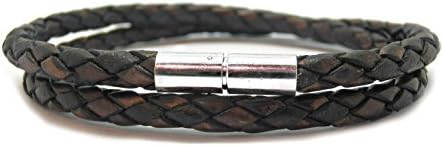 Carla Marie Jewellery Mens Ladies Leather Bracelet Chunky Double Wrap Ant Brown St Silver Sterling Silver Push &amp; Twist 8.5" / 21.6Cm