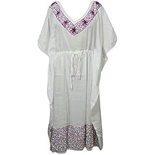 Mogul Interior Women Kaftan Maxi Dress White Cotton Volie Embroidered Lounge Caftan One Size