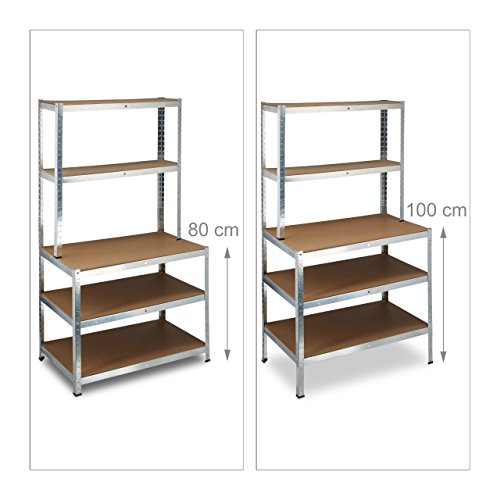 Relaxdays Schwerlastregal mit Werkbank, 900 Kg 5 Böden, Freistehend, HBT 180x 100 x 60 cm, Metall, MDF, Steckregal, grau - 2