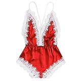 Toamen Womens Sexy Lingerie Babydoll Sale V-Neck Lace Splice Siamese Bodysuit Sleepwear (Red, M)