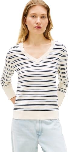 Tommy Hilfiger Donna Pullover Jersey Stitch V-Neck Pullover in Maglia, Multicolore (Calico/Dark N Navy/Blue STP), XS