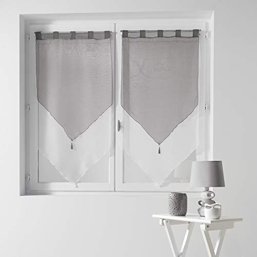 Douceur d'Intérieur 1620387 Paire Pompon Voile Bicolore Blanc / Gris 120 / 120 cm