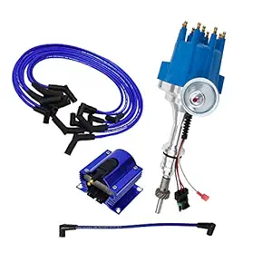 A-Team Performance Pro Series Ready 2 Run Distributor, 8.0mm Spark Plug Wires, 50K Volts E-Coil and Coil Wire Kit Compatible With Ford SB Small Block Windsor 289/302W, V8 Blue Cap