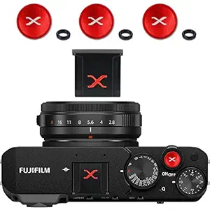 Metal Camera Hot Shoe Cover Protector Cap Compatible with Fuji Fujifilm XE4 XT4 XT3 XT30 XPRO3 etc + 3 X Shutter Release Button (Black-Red)