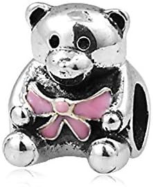 It Is a Girl Teddy Bear Pink Enamel Ribbon 925 Sterling Silver Solid Charm Fits Pandora Chamilia Biagi Troll Beads Europen Style Bracelets