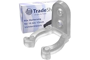 TRADE-SHOP Zestaw 50 klipsów do montażu na ścianie, uchwyt do łańcuchów świetlnych 10 mm, węże świetlne do użytku wewnątrz i na zewnątrz, 2 otwory montażowe do mocowania