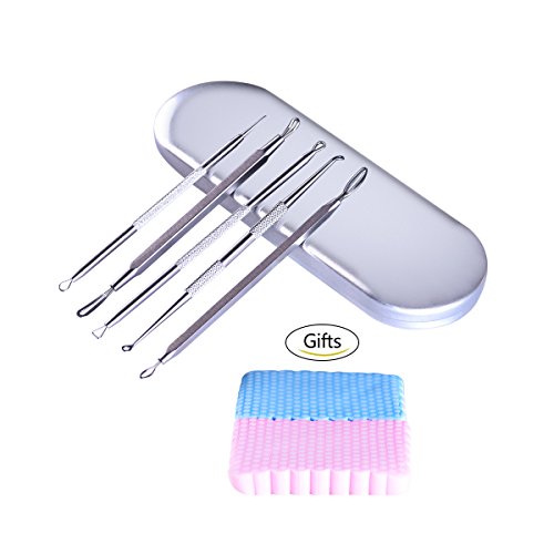 Blackhead Whitehead Remover 5 in 1 Blemish Blackhead Extractor- Wuudi Blemish Zit Acne Pimple Extractor Tools Comedone Removal Kit for Risk Free Nose Face Skin with Metal Case (5 Pieces)