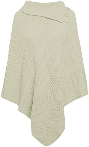 Women Ladies Long knitted 3 Button Poncho Cape Shawl Wrap Jumper Top (One Size Fits 8-18, Cream)