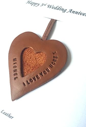 3rd Wedding Anniversary Card Personalised Brown Leather Heart Gift Husband Wife - A5 size Card