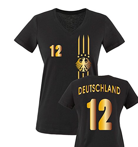 EM 2016 – TRIKOT – MOTIV1 – DEUTSCHLAND – 12 – Damen V-Neck T-Shirt – Schwarz / Gold Gr. S