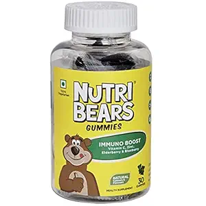 NutriBears Immuno Boost Gummies for Kids and Adults, Vitamin C, E and Zinc with Natural Elderberry and Blueberry, 30 Gummy Chews (Raw Mango Flavour)